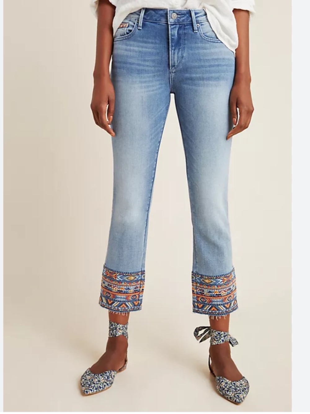 Anthropologie Driftwood Colette Embroidered Crop Jeans Boho Festival Hem Sz 30